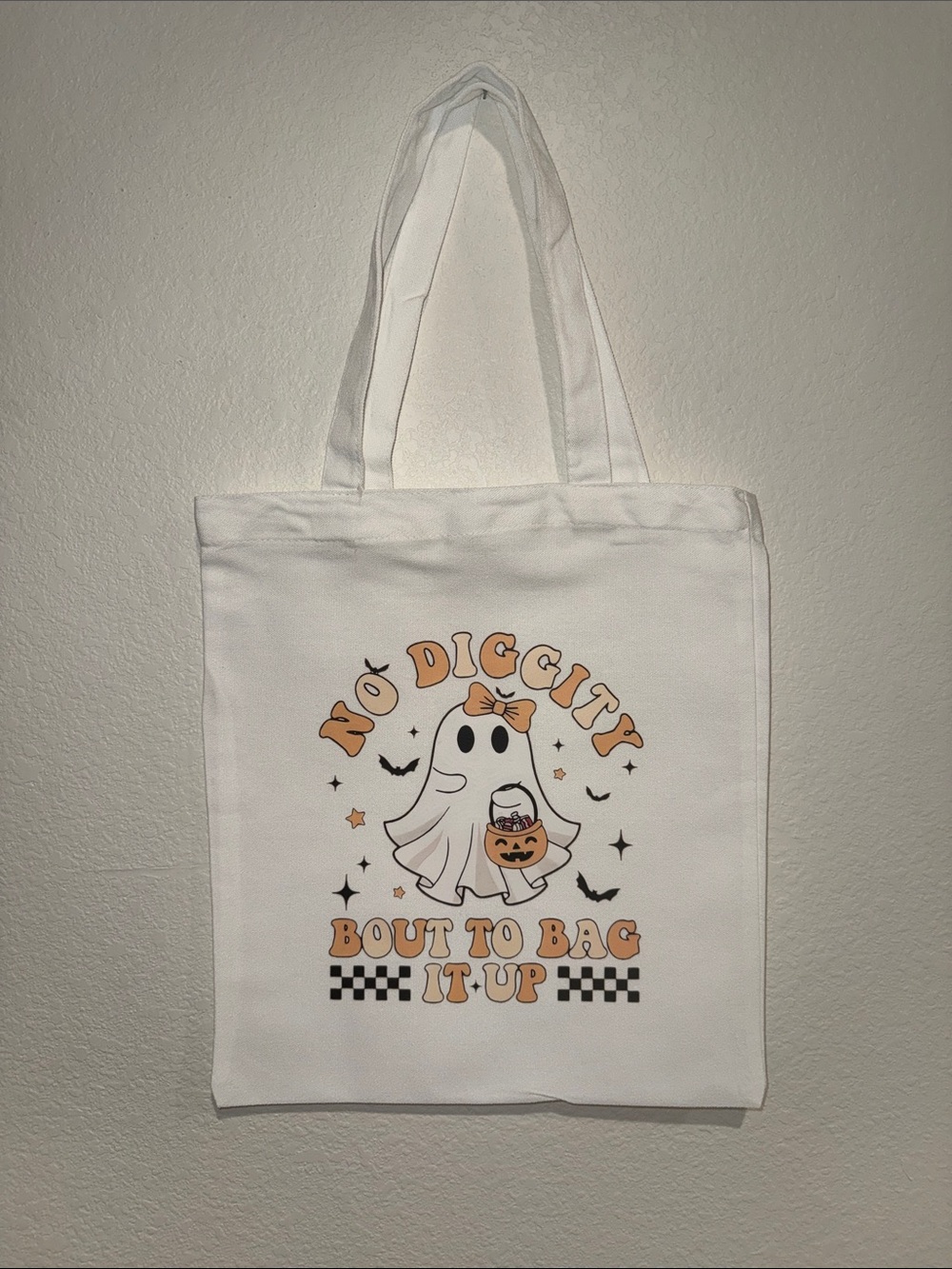 Hand Crafted White Tote with Black and Orange Halloween Graphic cute ghost